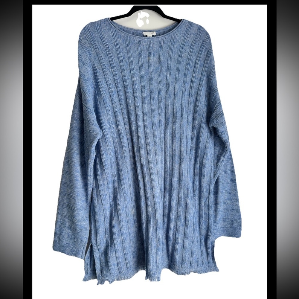 K.JILL Light Blue Women's Knit Tunic Sweater Fringe Hem Sz XL